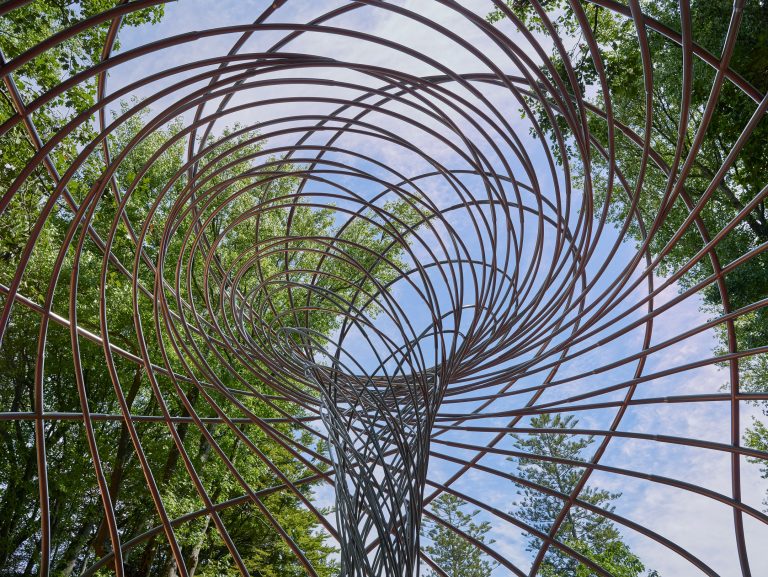 Artistic spiral structure crafted from stainless steel.
