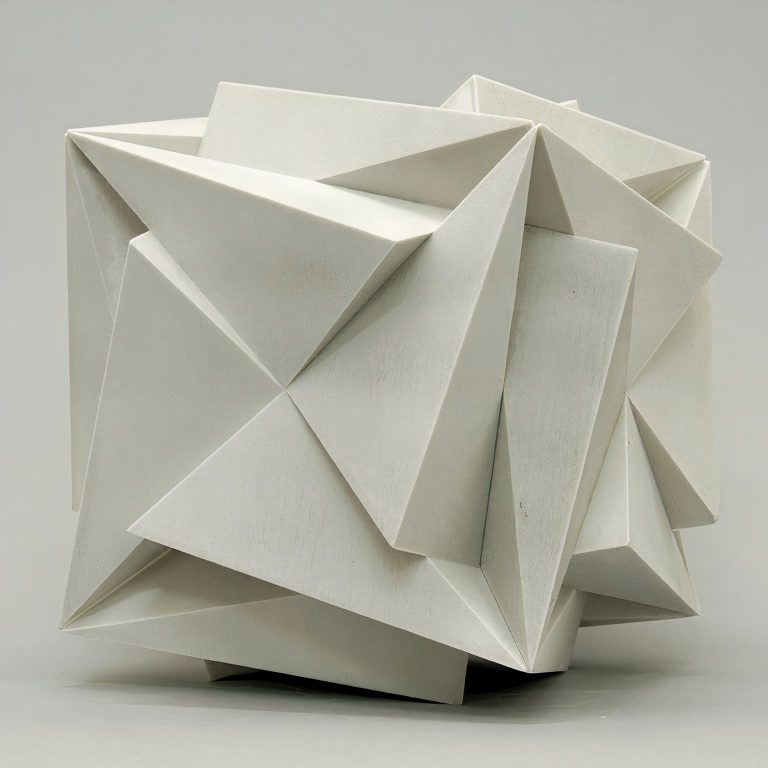 Modern sculpture made from plaster and epoxy. Geometric design on white pedestal.