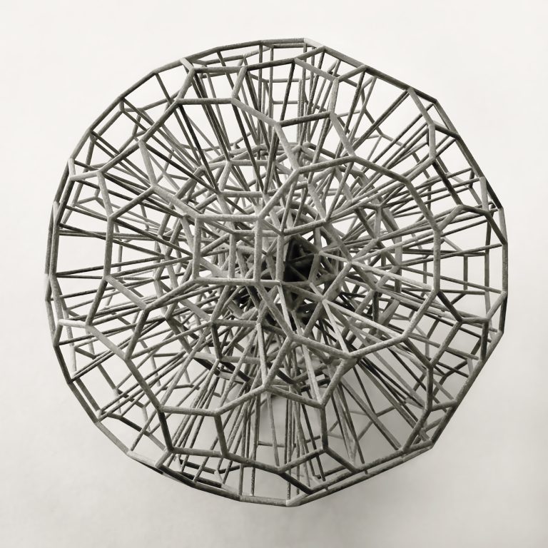 Grey spherical sculpture with intricate wire frame pattern.