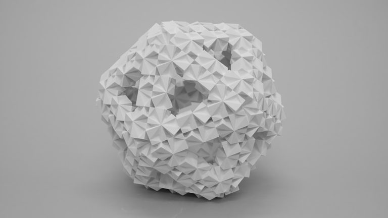White resin sculpture of complex SuperCube structure.