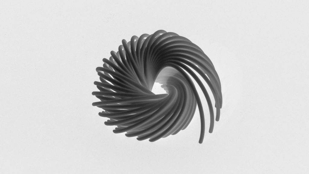 Hopf Fibrations is a 3D printed resin model of higher-dimensional topology.