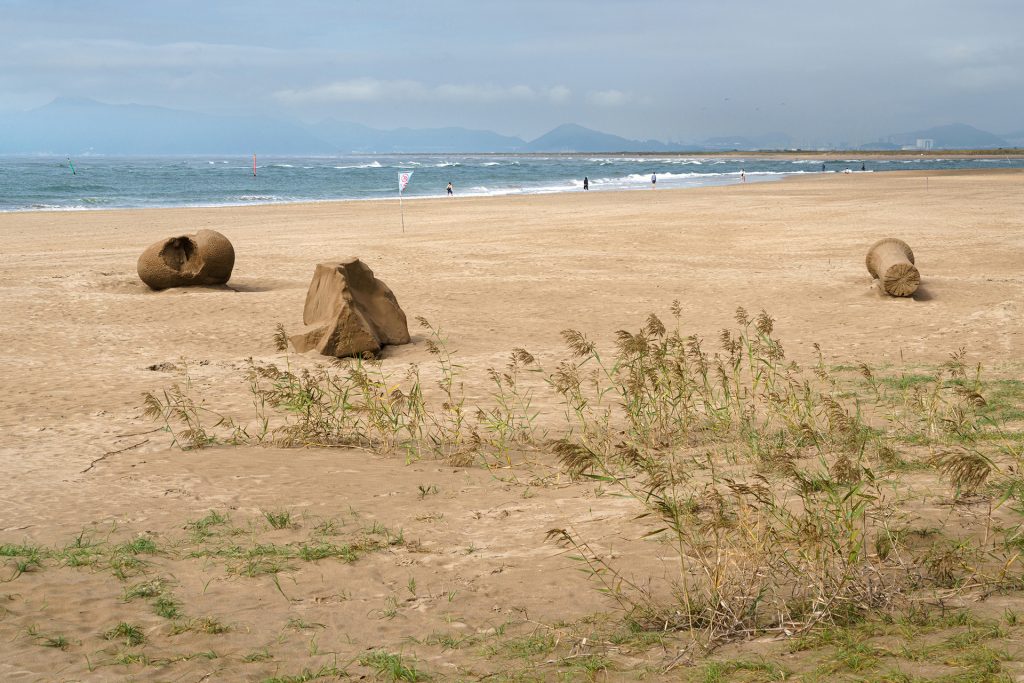 Tidal Memories" sand sculptures sit on beach, showcasing large sand grains.