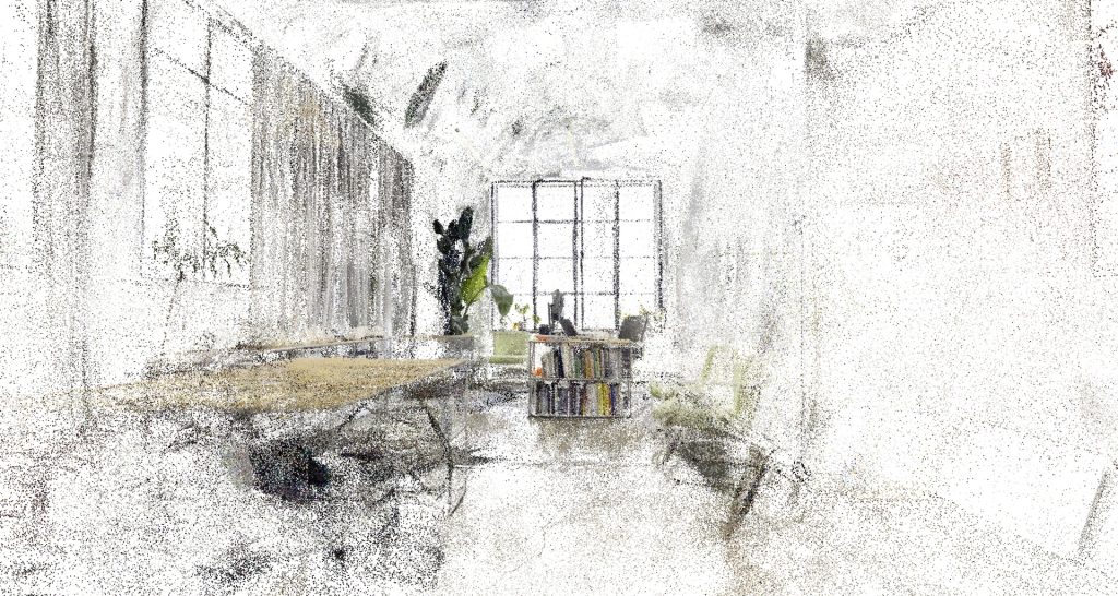 The image shows a room with a table and bookshelf, using polyhedral materials.