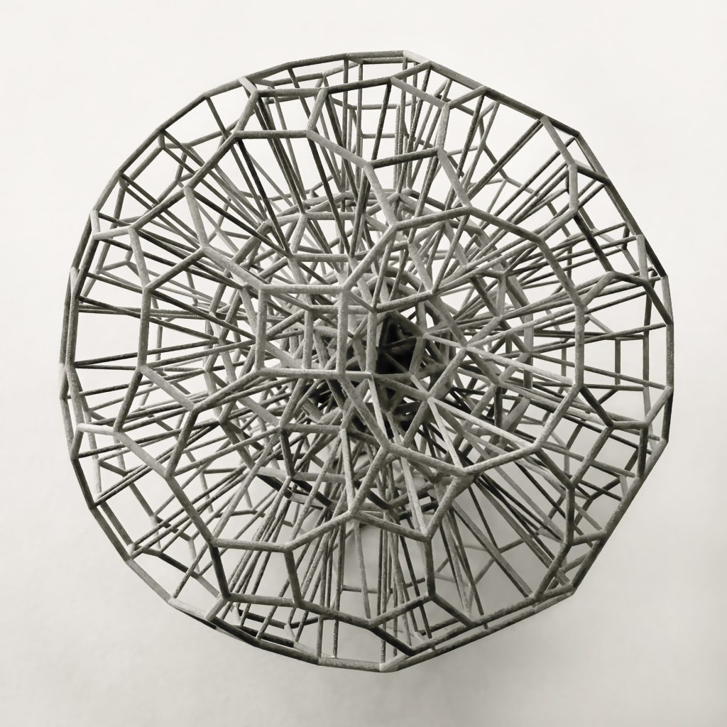 Dandelion Sphere No.15 is a polyhedral framework made of 3D-printed polyamide.