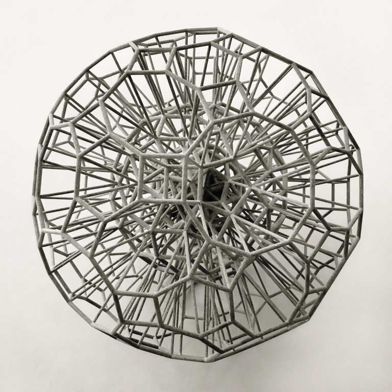 Dandelion Sphere No.15 is a polyhedral framework made of 3D-printed polyamide.