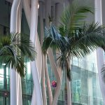 Palm trees sit among white steel columns and purple glass geometric forms in a glass-walled atrium.