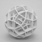 A white 3D printed resin sphere contains nested polyhedra with radial arcs and wireframes.