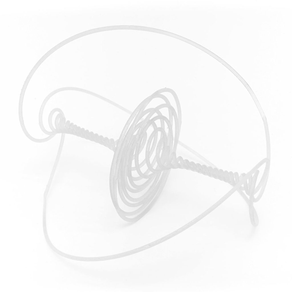 A white 3D printed resin tube forms spirals and a large loop on a white background.