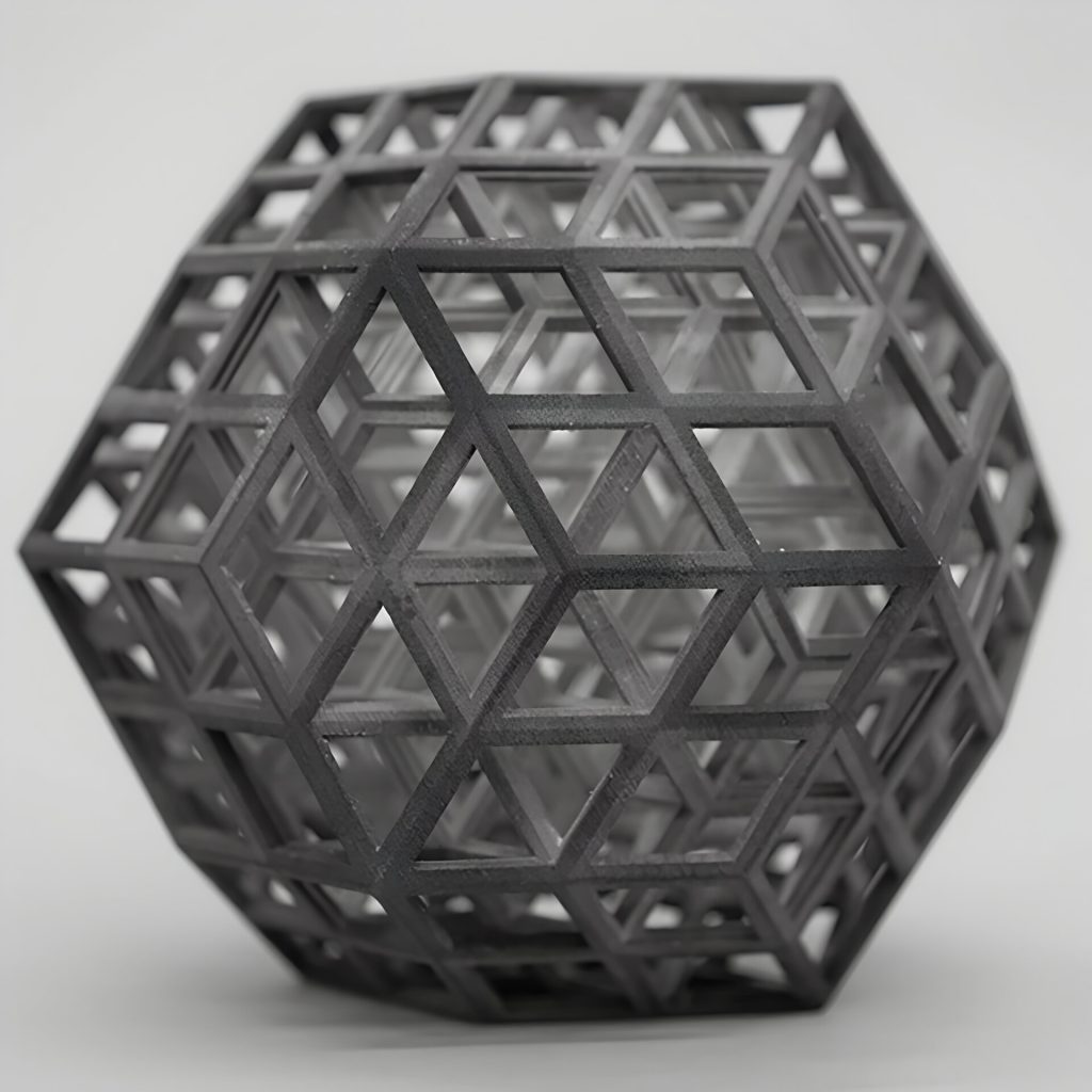 A 3D printed resin rhombic structure sits on a white surface.