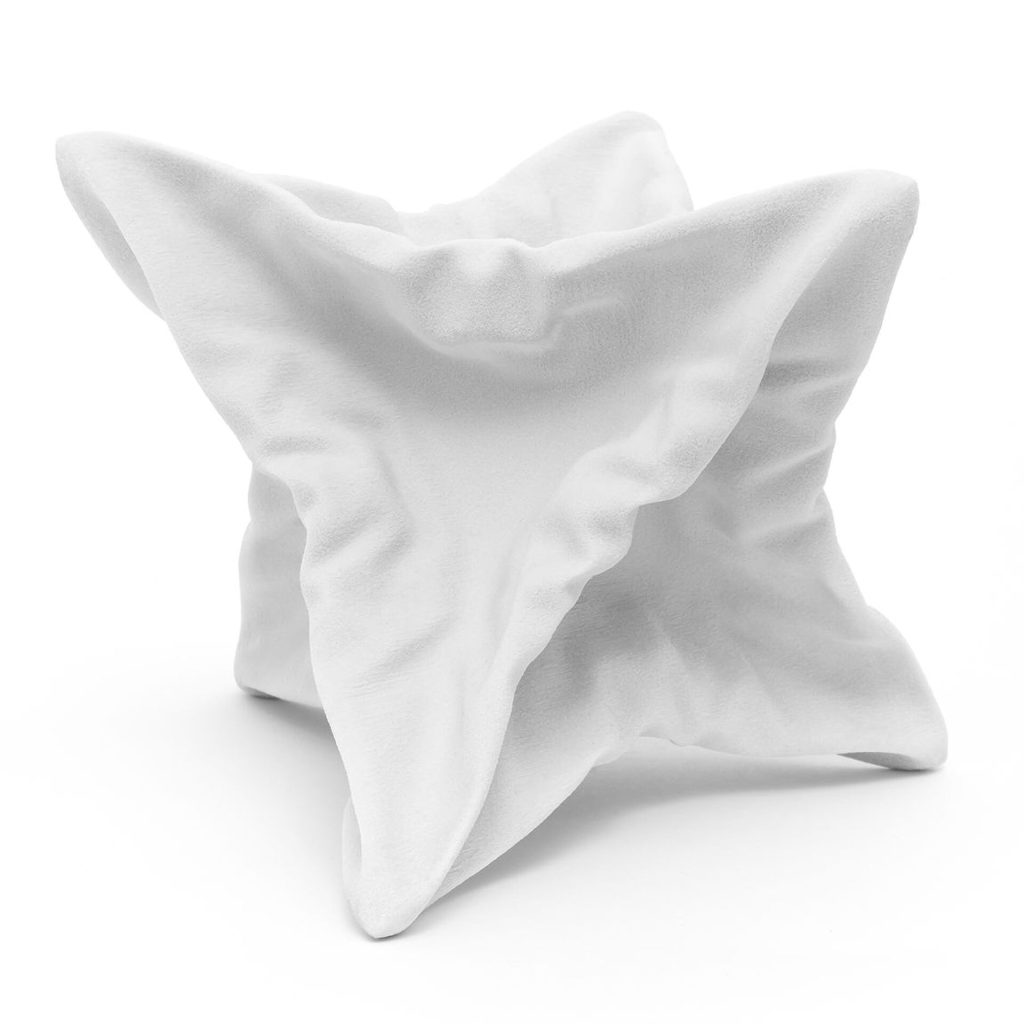 A white 3D printed resin object shows a geometric form with collapsed, deformed surfaces.