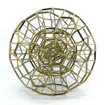 A layered polyhedral framework made of 3D-printed nodes and wooden beams forms a spherical structure with interconnected geometric shapes.