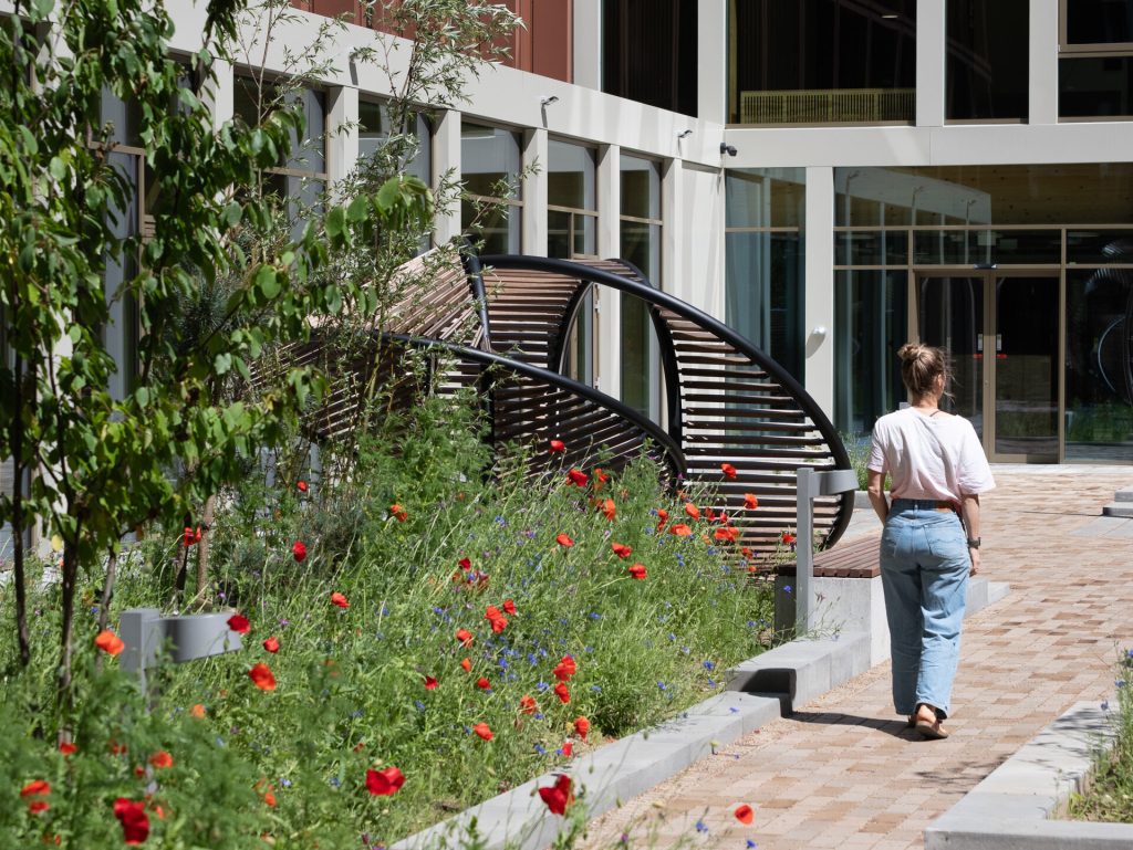 A woman walks past a curved painted stainless steel and wood installation with red flowers.