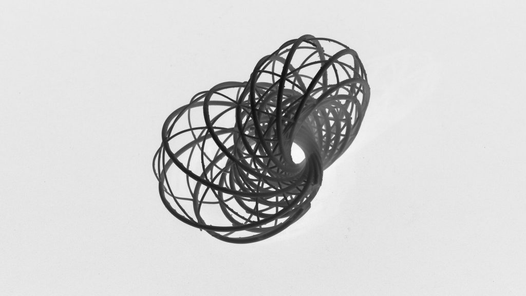 A black-and-white 3D-printed resin sculpture displays interlocking circular curves representing Hopf Fibrations.