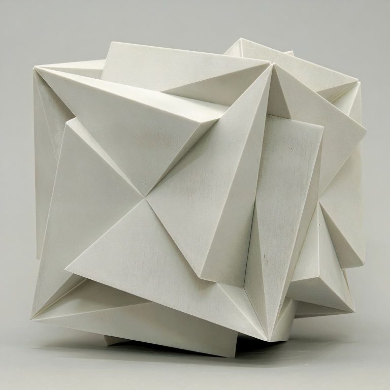 A white 3D-printed sculpture with geometric folds sits on a neutral surface.