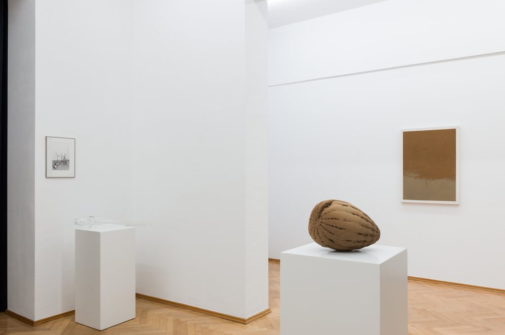 A brown, textured sculpture sits on a white pedestal in an art gallery with two framed artworks on the walls.