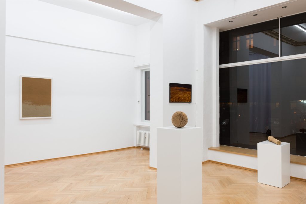 Three 3D-printed sand sculptures sit on white pedestals in an art gallery with large windows and light wood floors.