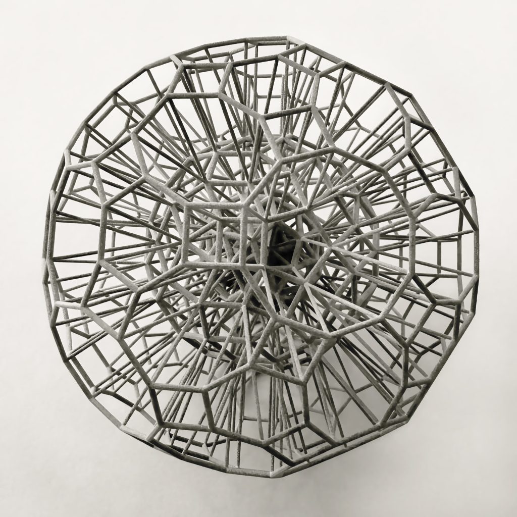 A polyamide 3D-printed dandelion sphere with intersecting geometric layers sits on a white background.