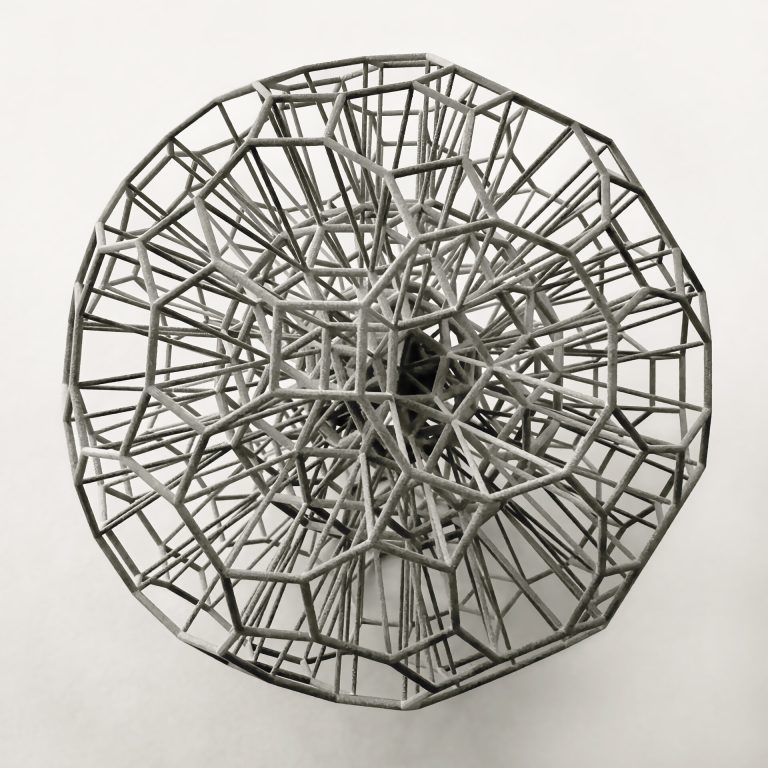 A polyamide 3D-printed dandelion sphere with intersecting geometric layers sits on a white background.