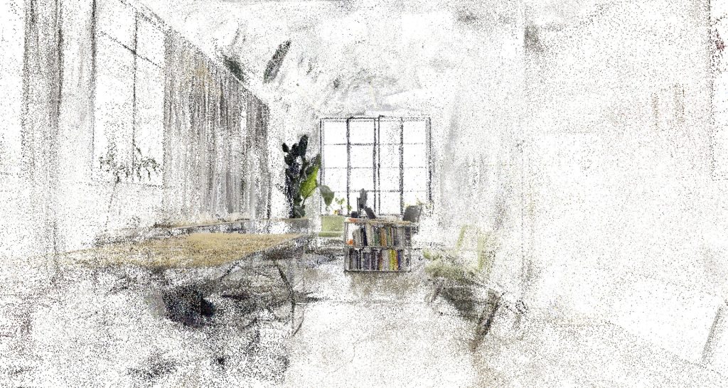 A point cloud renders a room with a desk, bookshelf, and window.