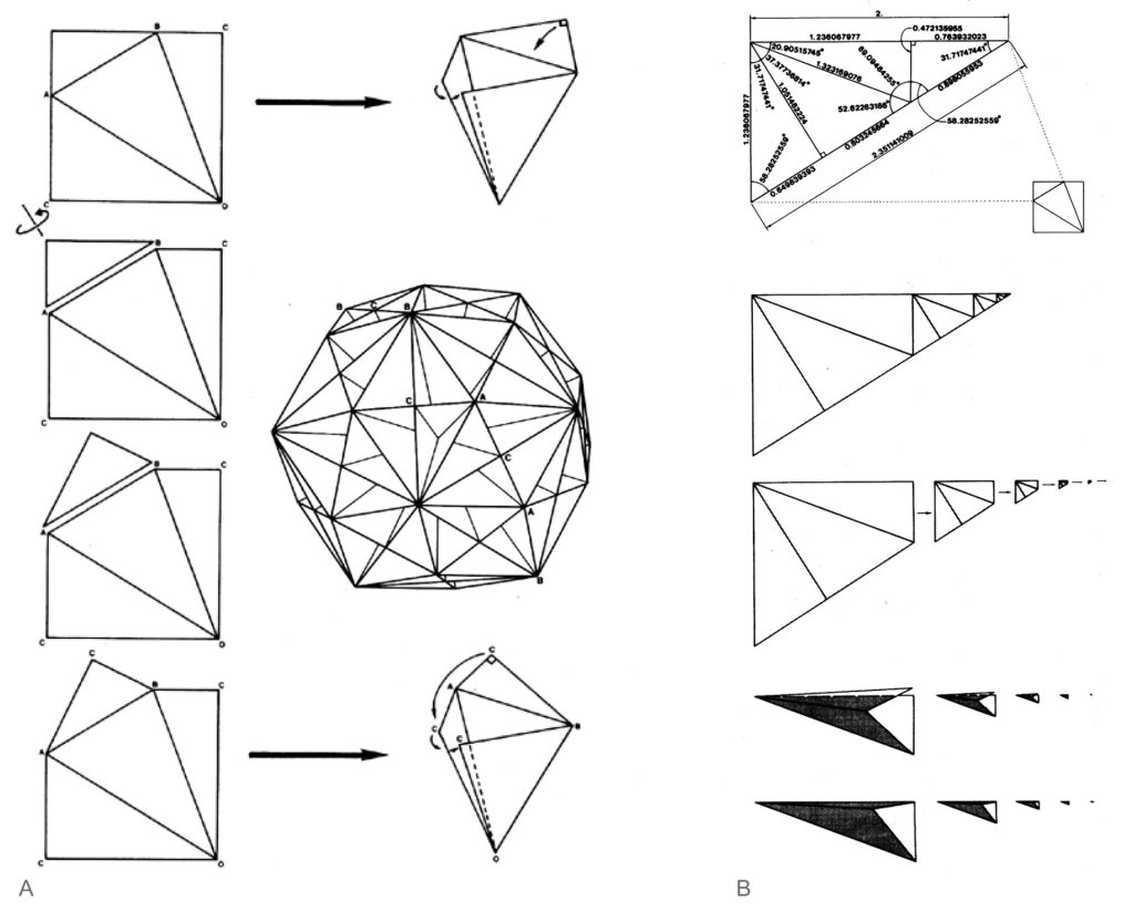 Diagram A shows SuperCube folding steps and a spherical assembly, while Diagram B details geometric subdivisions.