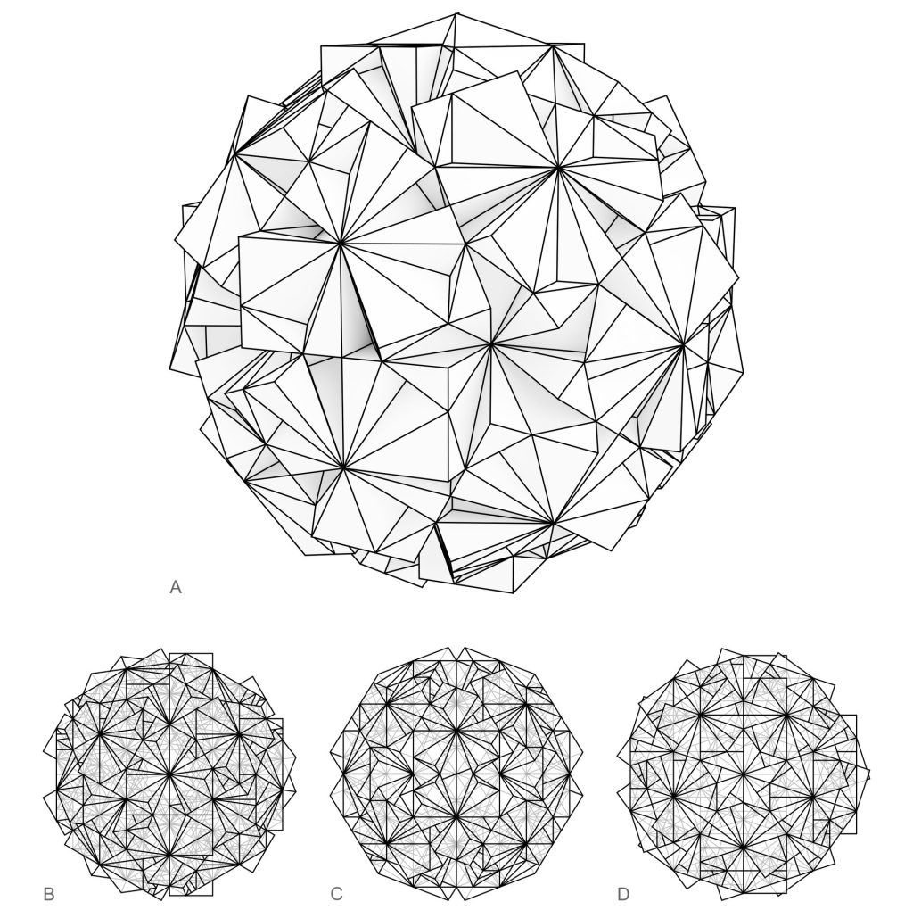 A large SuperCube assembly sits above three smaller geometric models labeled B, C, and D.