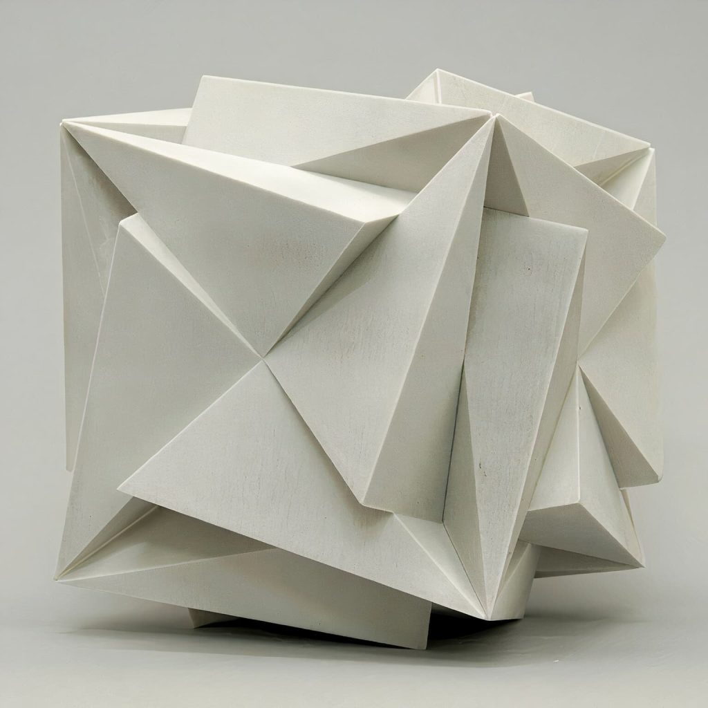 A white 3D-printed sculpture with geometric folds sits on a neutral surface.