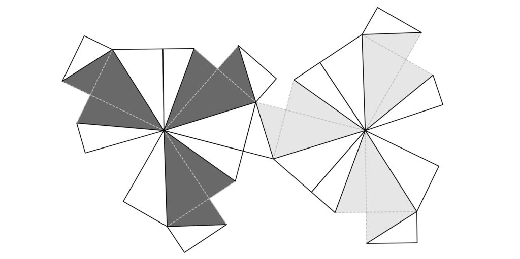 The image displays two geometric clusters of interconnected tetrahedra, one shaded dark gray and the other light gray, illustrating modular assembly units with dashed lines indicating hidden edges.