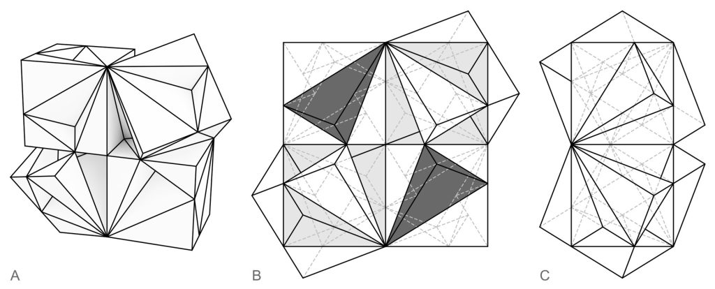 The image displays three variations of a geometric structure labeled A, B, and C, with B showing shaded triangular sections within a grid-like framework.