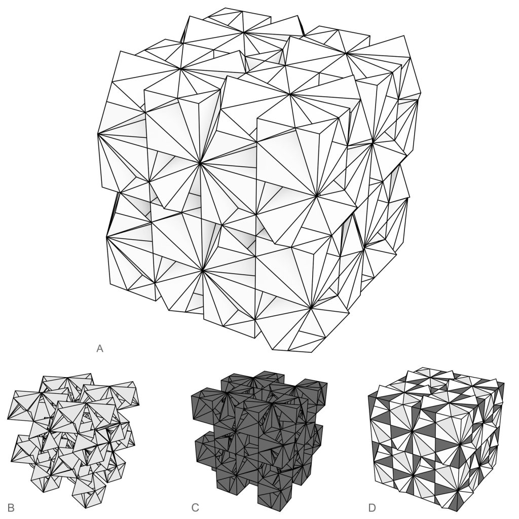 The image displays four variations of a modular geometric cube structure labeled A, B, C, and D, each showing different shading or wireframe styles.