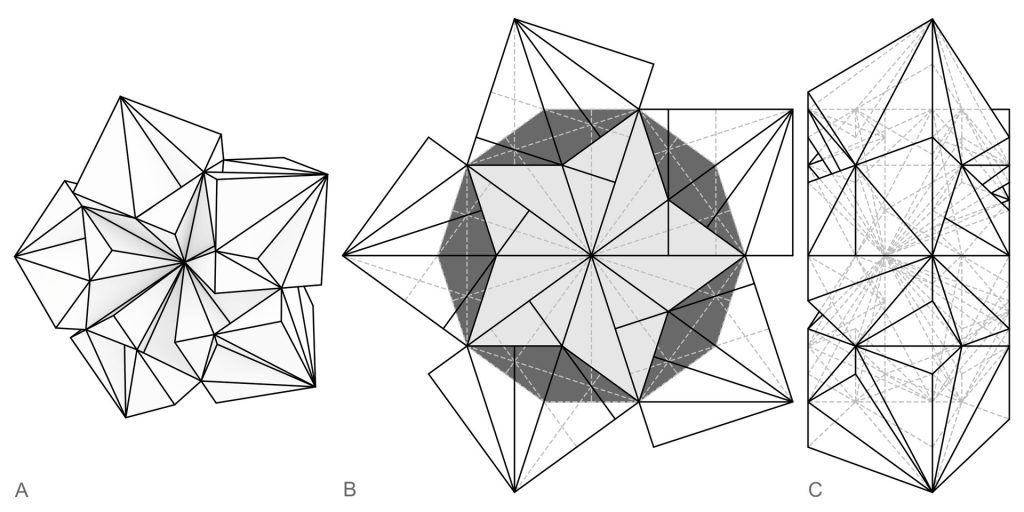 The image displays three geometric wireframe models labeled A, B, and C, illustrating modular units of The SuperCube system by Phillip C. Reiner.