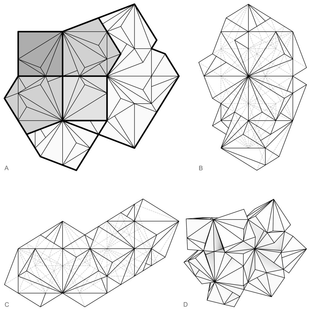 The image displays four diagrams (A, B, C, D) illustrating the modular geometric unit "The SuperCube" by Phillip C. Reiner, which uses tetrahedral interlocking for icosahedral symmetry assemblies.