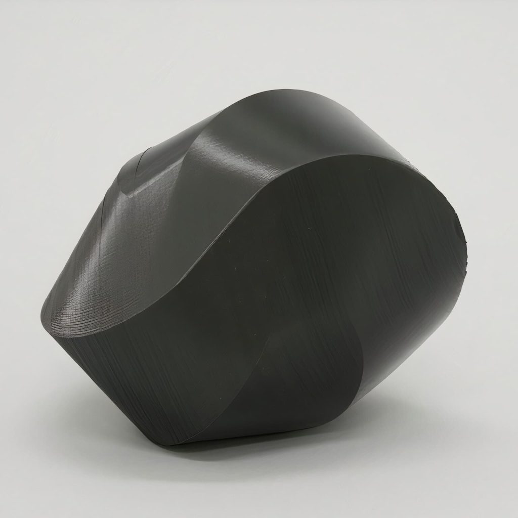 A black, 3D-printed ABS sculpture with smooth curves and layered texture sits against a white background.