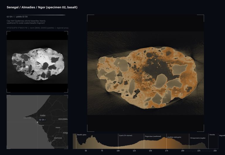 A basaltic fragment sits next to a map of Senegal and a mineral spectrum chart.