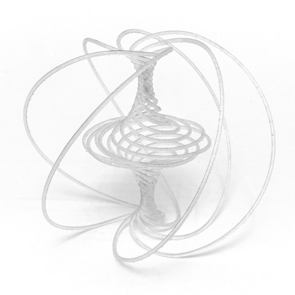 3D printed resin tube forms a spherical spiral with double vortex patterns.