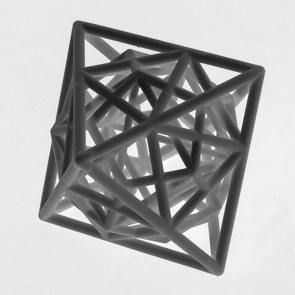 A 3D printed resin structure shows interlaced regular polyhedra sharing a common center.