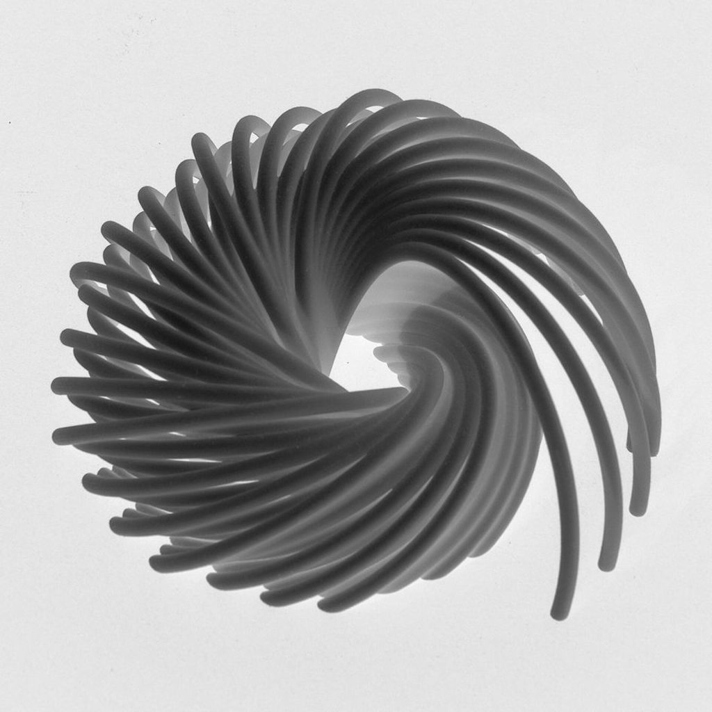 A 3D printed resin model shows interlocking curves in a spiral shape.
