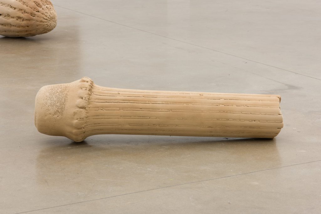 A 3d printed sand sculpture of a grain lies horizontally on a concrete floor.