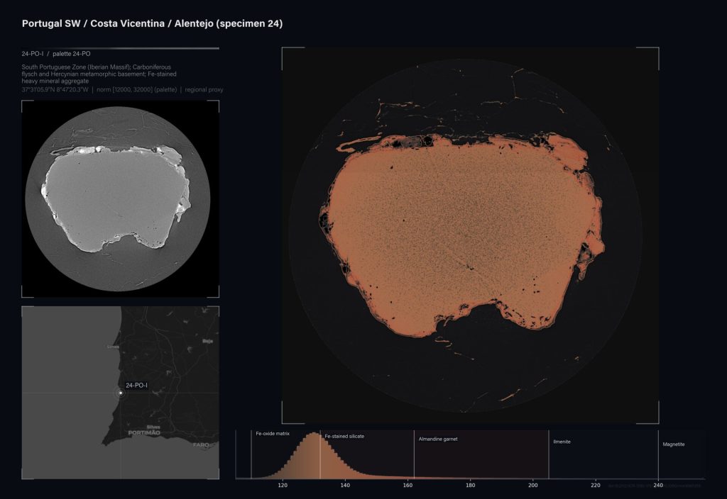 A Fe-stained heavy mineral aggregate sits on a dark background with a map and mineral chart.