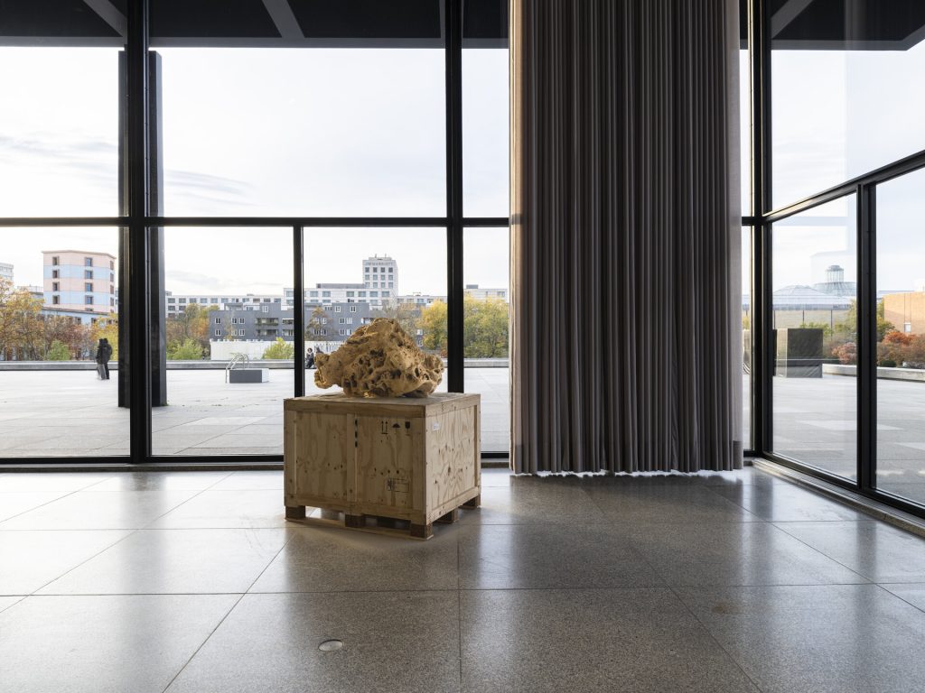 A 3d printed sand sculpture sits on a wooden crate in front of a glass wall.
