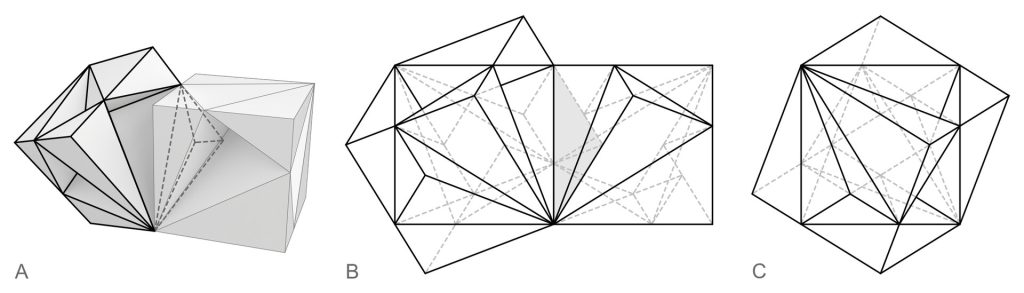 Three wireframe diagrams show a SuperCube unit, its Boolean subtraction, and the resulting tetrahedral assembly.