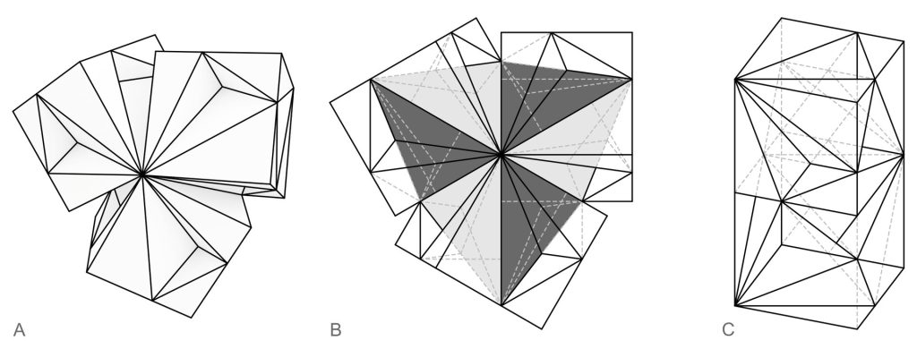 Three wireframe diagrams of the SuperCube show a radial cluster, a shaded planar view, and a vertical prism.