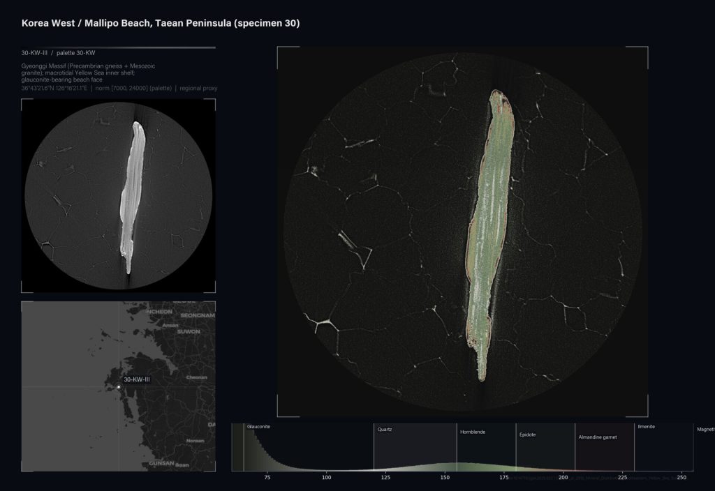 A glauconite grain sits on a cracked black surface next to a map of Korea and a mineral chart.