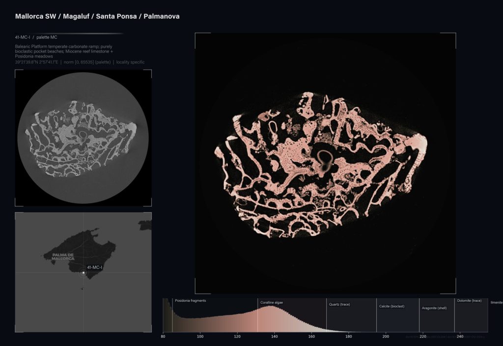 A pink coraline algae structure sits next to a map of Mallorca and a mineral spectrum graph.
