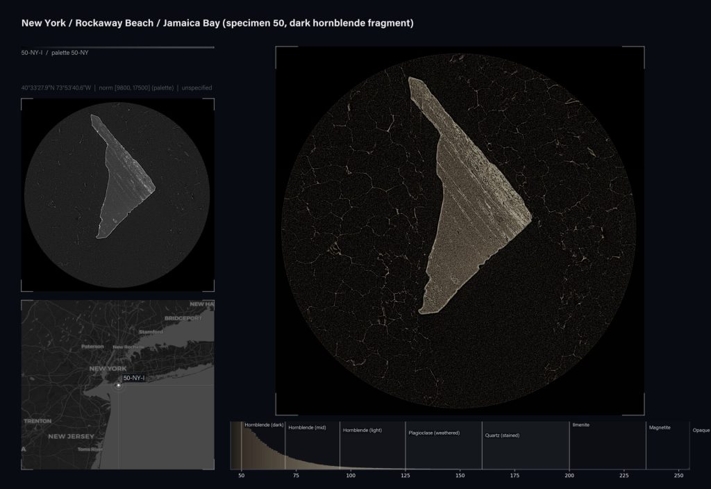 A dark hornblende fragment sits on cracked black tephra in a circular view next to a map and mineral scale.
