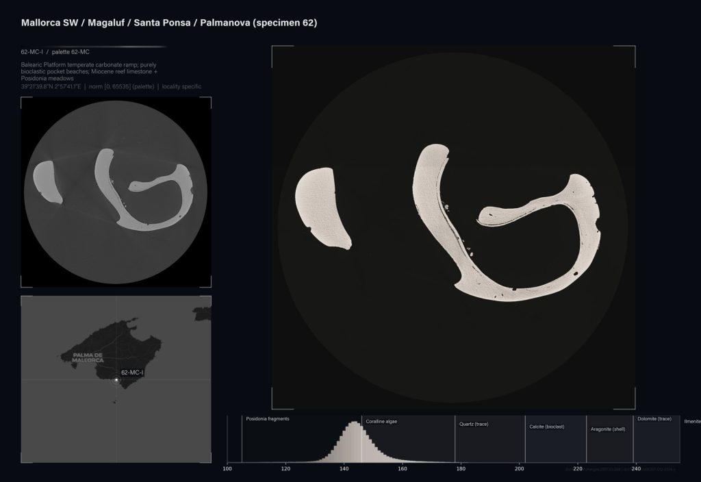 Specimen 62 shows white Posidonia fragments on a black background with a map and mineral graph.