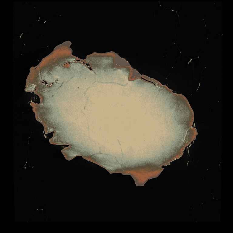 A video projection shows a cross-section of a sand grain with a tan center and rust-colored edge on a black background.