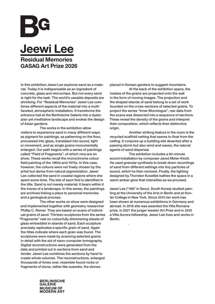 A printed page for the "Residual Memories" exhibition at the Berlinische Galerie, featuring the "BG" logo and two columns of black text.