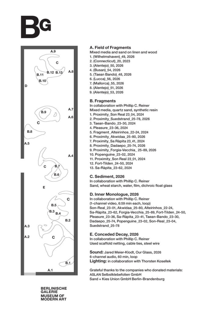 A gallery floor plan with labeled zones A through E and a list of artworks with materials and dates.